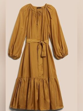 Banana Republic Silk Long-Sleeve Midi Dress Size Medium Petite Gold NWD